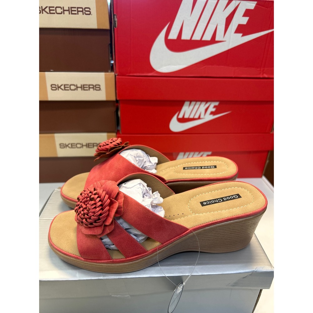 1165 Good Choice Jenna Wedge Sandals Womens 8 Coral Floral Applique Slide